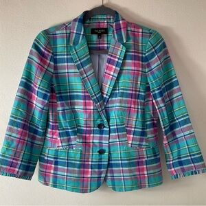 Talbots Petites Blue Pink Plaid Blazer Jacket Sz 10p